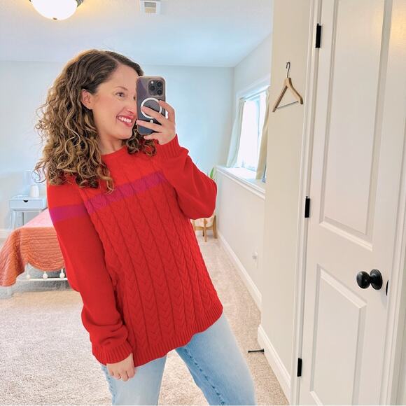 LANDS’ END Red Orange Pink Cable Knit Cotton Sweater Large - Picture 1 of 13